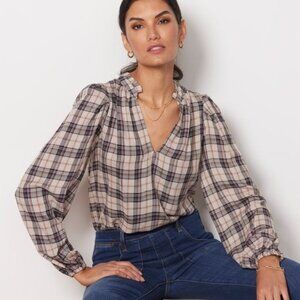 Evereve Skylar Plaid Blouse XS Pink Brown Ruffle Peasant Top Cottagecore Boho